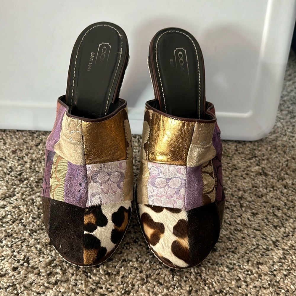 Coach authentic holiday patchwork clogs in a size 8 with brown leather.